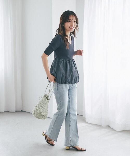 La boutique BonBon(ラブティックボンボン)の「【接触冷感・UVカット】クールタッチUV5分袖バルーンペプラムニット(ニット/セーター・レディース・ホワイト/チャコールグレー・FREE)」の22枚目の写真