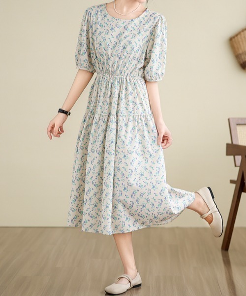 LUCPY(ラクピー)の「小花柄ギャザーミディワンピース(ワンピース・レディース・ライトブルー・MEDIUM/LARGE/X-LARGE/XX-LARGE)」の3枚目の写真