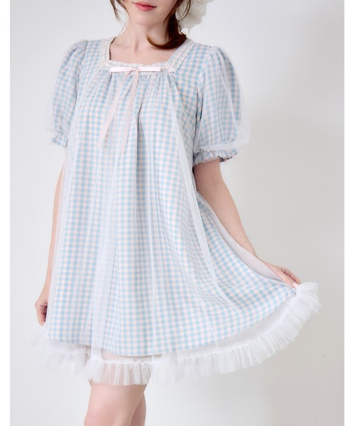 Lolime by mellfy memory(ロリミー バイ メルフィーメモリー)の「gingham check tulle dress(ワンピース・レディース・ラベンダー/ブルー・LL/M)」の4枚目の写真