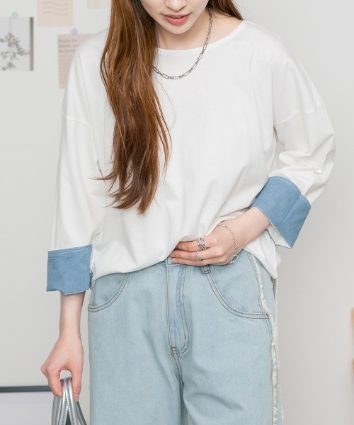MARAI(マーライ)の「袖口裏ダンガリー長袖Tシャツ ロングスリーブ(Tシャツ/カットソー・レディース・カーキ/オフホワイト/ベージュ/ブラック・4L~5L/M~L/LL~3L)」の2枚目の写真
