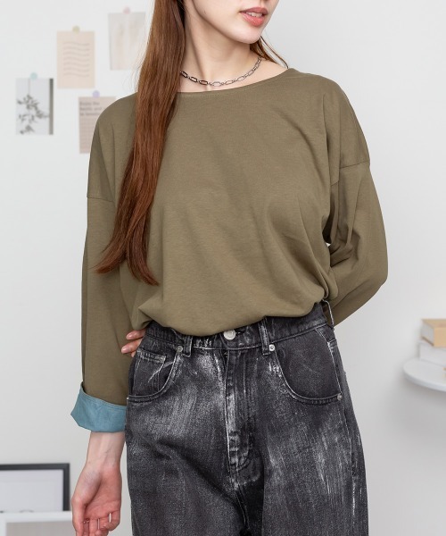 MARAI(マーライ)の「袖口裏ダンガリー長袖Tシャツ ロングスリーブ(Tシャツ/カットソー・レディース・カーキ/オフホワイト/ベージュ/ブラック・4L~5L/M~L/LL~3L)」の4枚目の写真