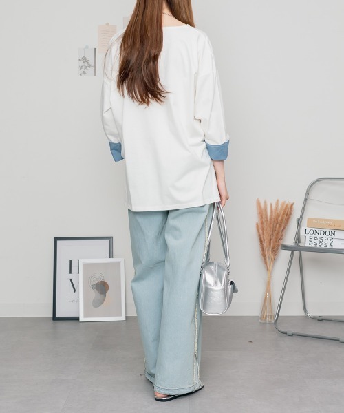 MARAI(マーライ)の「袖口裏ダンガリー長袖Tシャツ ロングスリーブ(Tシャツ/カットソー・レディース・カーキ/オフホワイト/ベージュ/ブラック・4L~5L/M~L/LL~3L)」の9枚目の写真