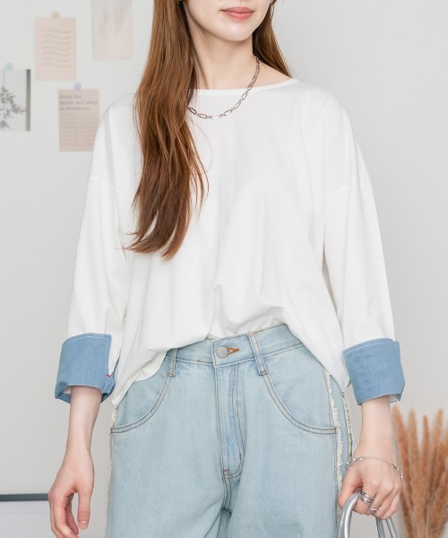 MARAI(マーライ)の「袖口裏ダンガリー長袖Tシャツ ロングスリーブ(Tシャツ/カットソー・レディース・カーキ/オフホワイト/ベージュ/ブラック・4L~5L/M~L/LL~3L)」の5枚目の写真