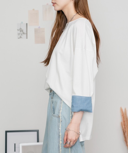 MARAI(マーライ)の「袖口裏ダンガリー長袖Tシャツ ロングスリーブ(Tシャツ/カットソー・レディース・カーキ/オフホワイト/ベージュ/ブラック・4L~5L/M~L/LL~3L)」の18枚目の写真