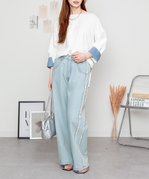 MARAI(マーライ)の「袖口裏ダンガリー長袖Tシャツ ロングスリーブ(Tシャツ/カットソー・レディース・カーキ/オフホワイト/ベージュ/ブラック・4L~5L/M~L/LL~3L)」の12枚目の写真