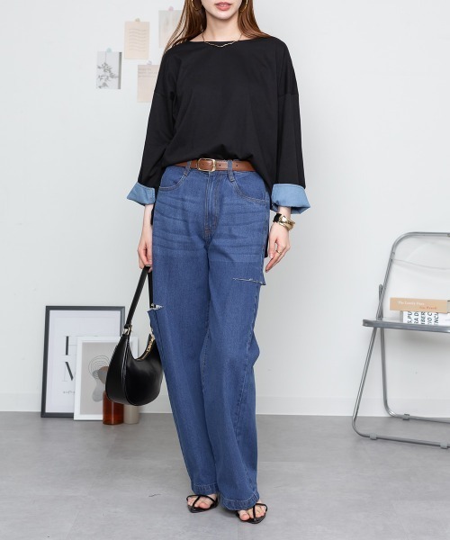 MARAI(マーライ)の「袖口裏ダンガリー長袖Tシャツ ロングスリーブ(Tシャツ/カットソー・レディース・カーキ/オフホワイト/ベージュ/ブラック・4L~5L/M~L/LL~3L)」の19枚目の写真