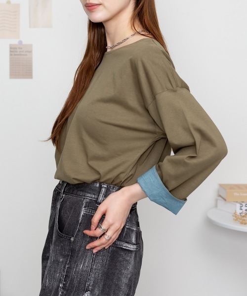 MARAI(マーライ)の「袖口裏ダンガリー長袖Tシャツ ロングスリーブ(Tシャツ/カットソー・レディース・カーキ/オフホワイト/ベージュ/ブラック・4L~5L/M~L/LL~3L)」の14枚目の写真