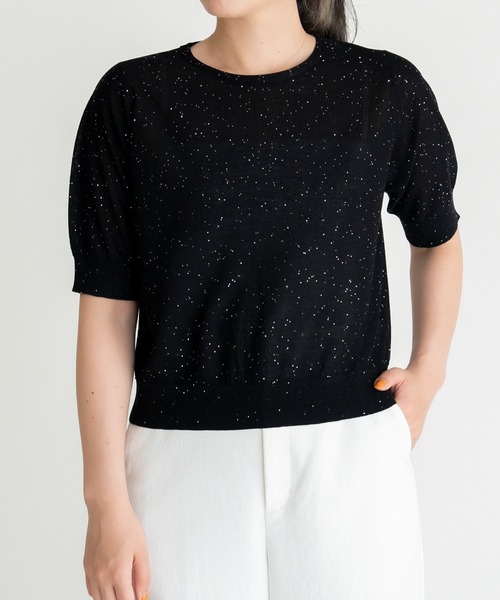 STRAWBERRY-FIELDS（ストロベリーフィールズ）の「ミニスパンコール_ミニスパンコール5分袖ニット（Tシャツ/カットソー・レディース・ブラック/グレイッシュブルー・2）」の4枚目の写真