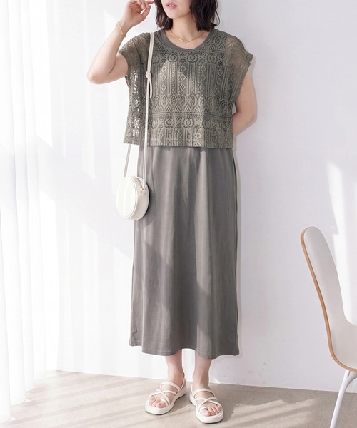 SELECT LEVERY(セレクトリベリー)の「レースプルオーバー×天竺ワンピースセット(ワンピース・レディース・カーキ/キャメル/ブラック・LARGE/MEDIUM)」の1枚目の写真