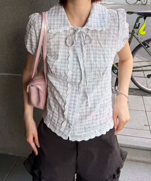 mebole(メボレ)の「check round collar blouse(シャツ/ブラウス・レディース・ネイビー/ホワイト/ブルー・FREE)」の6枚目の写真