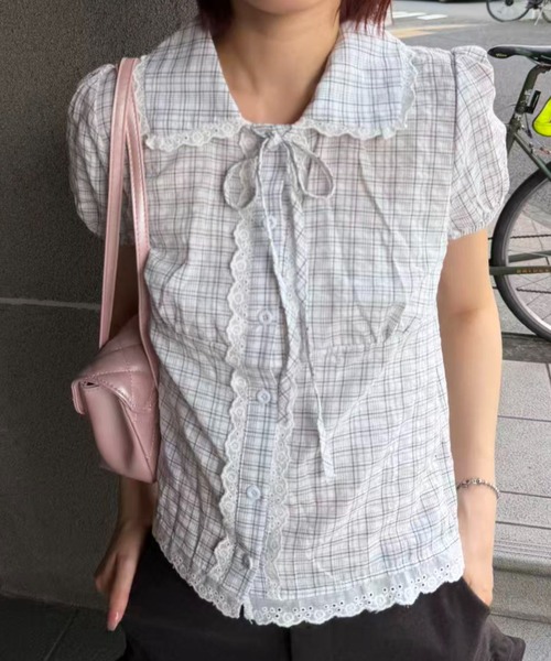 mebole(メボレ)の「check round collar blouse(シャツ/ブラウス・レディース・ネイビー/ホワイト/ブルー・FREE)」の7枚目の写真