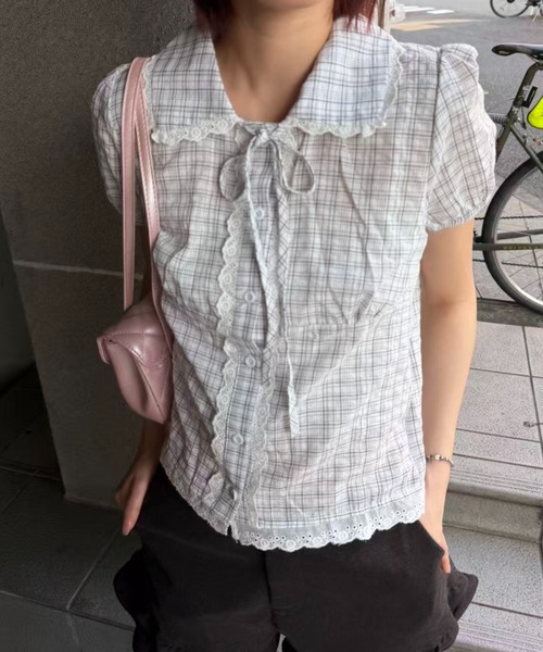 mebole(メボレ)の「check round collar blouse(シャツ/ブラウス・レディース・ネイビー/ホワイト/ブルー・FREE)」の5枚目の写真