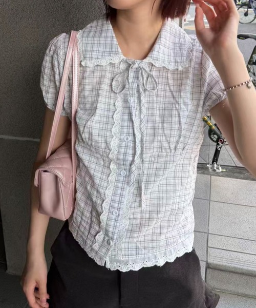 mebole(メボレ)の「check round collar blouse(シャツ/ブラウス・レディース・ネイビー/ホワイト/ブルー・FREE)」の4枚目の写真