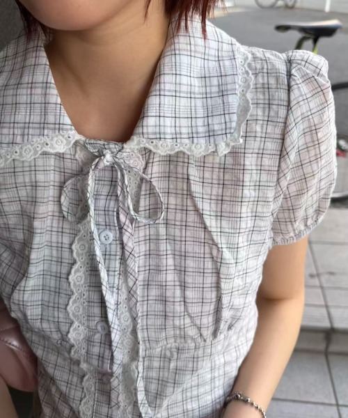 mebole(メボレ)の「check round collar blouse(シャツ/ブラウス・レディース・ネイビー/ホワイト/ブルー・FREE)」の9枚目の写真