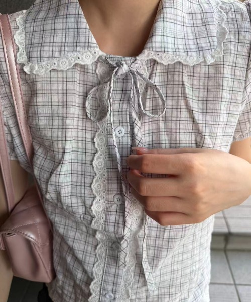 mebole(メボレ)の「check round collar blouse(シャツ/ブラウス・レディース・ネイビー/ホワイト/ブルー・FREE)」の8枚目の写真