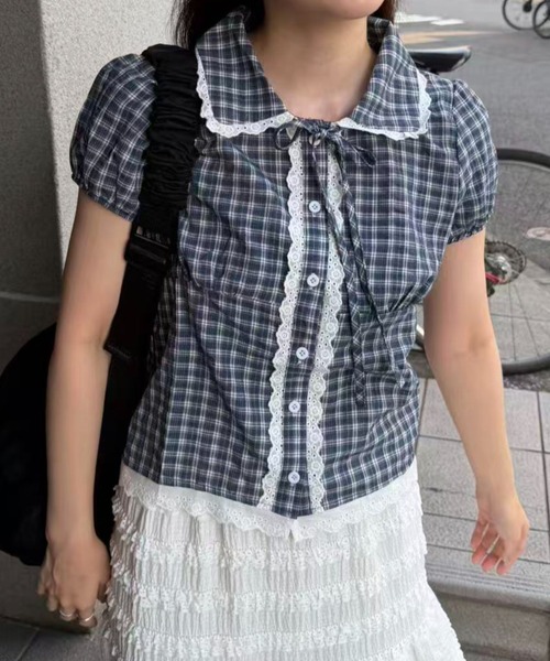 mebole(メボレ)の「check round collar blouse(シャツ/ブラウス・レディース・ネイビー/ホワイト/ブルー・FREE)」の18枚目の写真