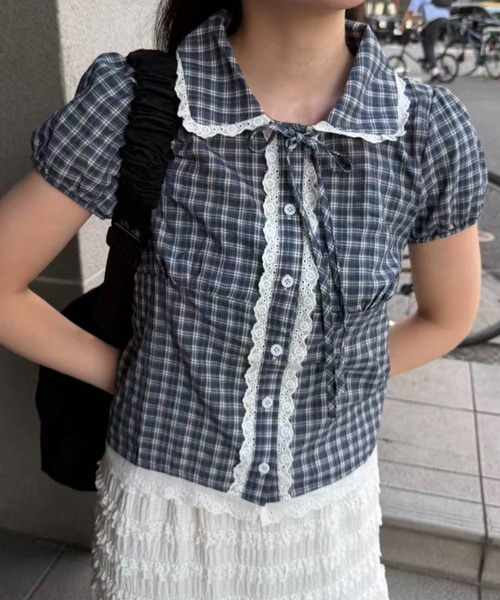 mebole(メボレ)の「check round collar blouse(シャツ/ブラウス・レディース・ネイビー/ホワイト/ブルー・FREE)」の19枚目の写真