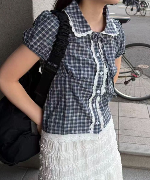 mebole(メボレ)の「check round collar blouse(シャツ/ブラウス・レディース・ネイビー/ホワイト/ブルー・FREE)」の20枚目の写真