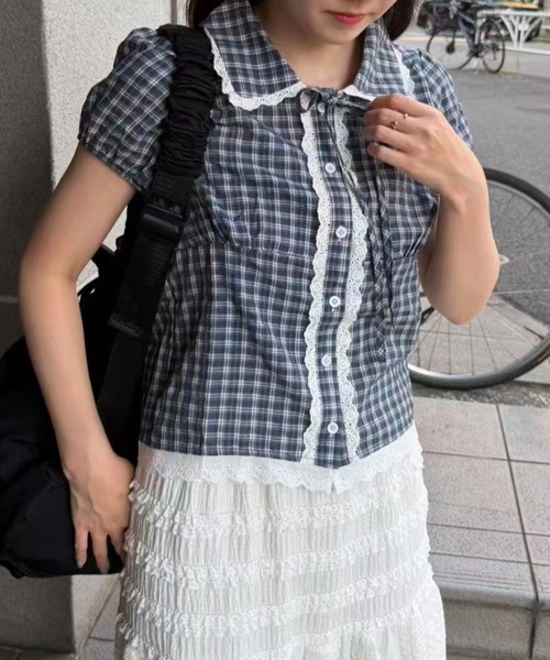mebole(メボレ)の「check round collar blouse(シャツ/ブラウス・レディース・ネイビー/ホワイト/ブルー・FREE)」の21枚目の写真