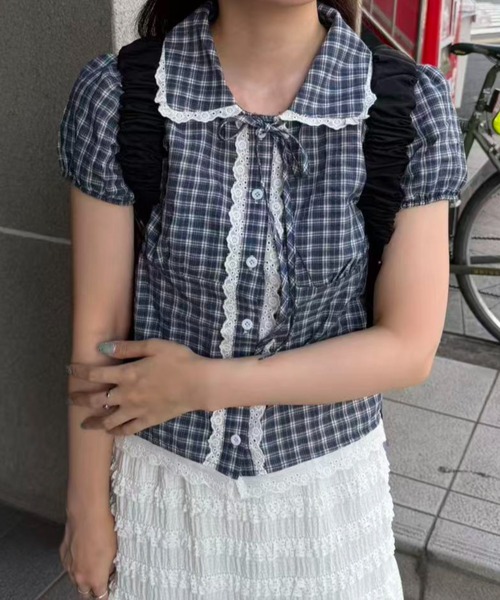 mebole(メボレ)の「check round collar blouse(シャツ/ブラウス・レディース・ネイビー/ホワイト/ブルー・FREE)」の22枚目の写真