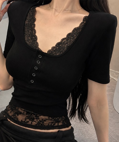 Miniministore(ミニミニストア)の「ヘンリーネックTシャツ レースレイヤード(Tシャツ/カットソー・レディース・ベージュ/ブラック/ライトブルー/ホワイト/イエロー・FREE)」の6枚目の写真