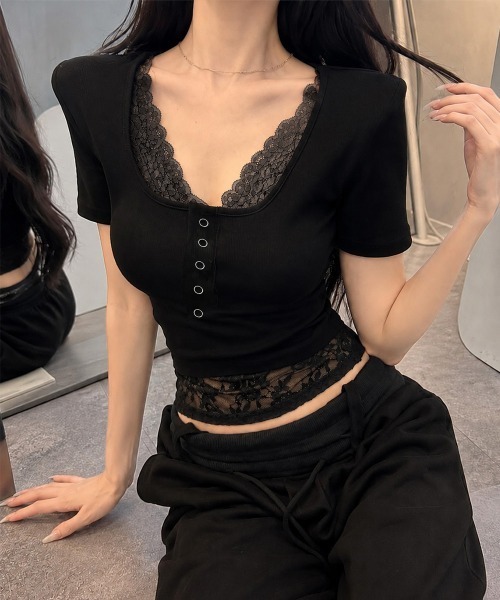Miniministore(ミニミニストア)の「ヘンリーネックTシャツ レースレイヤード(Tシャツ/カットソー・レディース・ベージュ/ブラック/ライトブルー/ホワイト/イエロー・FREE)」の7枚目の写真