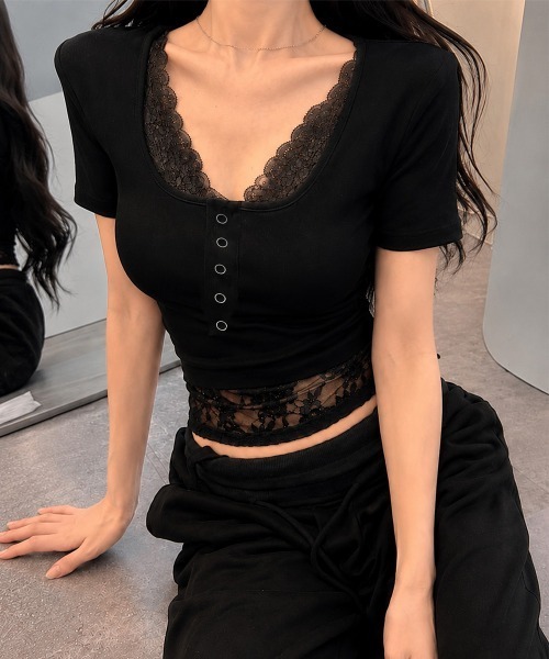 Miniministore(ミニミニストア)の「ヘンリーネックTシャツ レースレイヤード(Tシャツ/カットソー・レディース・ベージュ/ブラック/ライトブルー/ホワイト/イエロー・FREE)」の8枚目の写真