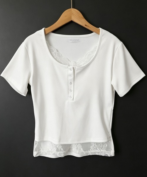 Miniministore(ミニミニストア)の「ヘンリーネックTシャツ レースレイヤード(Tシャツ/カットソー・レディース・ベージュ/ブラック/ライトブルー/ホワイト/イエロー・FREE)」の21枚目の写真