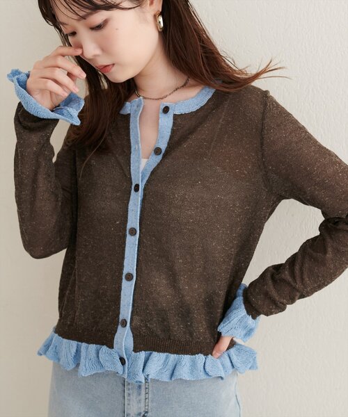 natural couture(ナチュラルクチュール)の「シアーフリル配色ニットカーディガン(カーディガン/ボレロ・レディース・オフホワイト/サックスブルー/ブラウン/ブラック/ライトベージュ・FREE)」の7枚目の写真