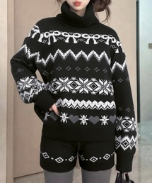 2点ニットセットアップ リボン×ハート柄タートルネックニットトップス＆ショートパンツ