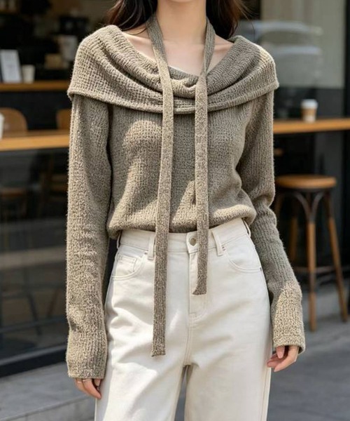 SpRay(スプレイ)の「ストール付オフショルダートップス(Tシャツ/カットソー・レディース・アイボリー/ブラック/ベージュ/ブラウン・FREE)」の4枚目の写真