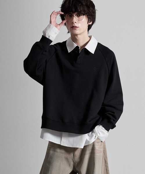 RUUBON(ルーボン)の「【RUUBON】henley neck logo sweat / ヘンリーネックロゴスウェット(スウェット・メンズ・ブラック/ライトグレー・L/M/S)」の2枚目の写真