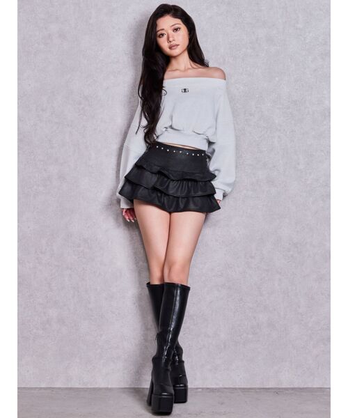 GYDA(ジェイダ)の「bijou design フェイクレザー tiered S(スカート・レディース・ブラウン/ブラック・FREE)」の5枚目の写真