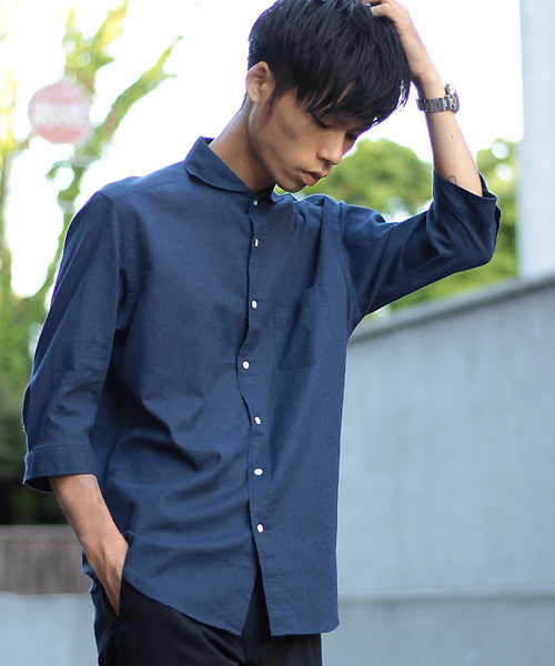 ESSENTIAL GARMENT MEN'S BIGI（エッセンシャルガーメントメンズビギ）の「7分袖シャツ/エーゲ海コットン×ベルギーリネン（シャツ/ブラウス・メンズ・カーキ/ネイビー/ブルー/ホワイト/ピンク・MEDIUM/SMALL/LARGE）」の3枚目の写真
