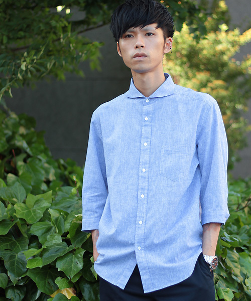 ESSENTIAL GARMENT MEN'S BIGI（エッセンシャルガーメントメンズビギ）の「7分袖シャツ/エーゲ海コットン×ベルギーリネン（シャツ/ブラウス・メンズ・カーキ/ネイビー/ブルー/ホワイト/ピンク・MEDIUM/SMALL/LARGE）」の4枚目の写真