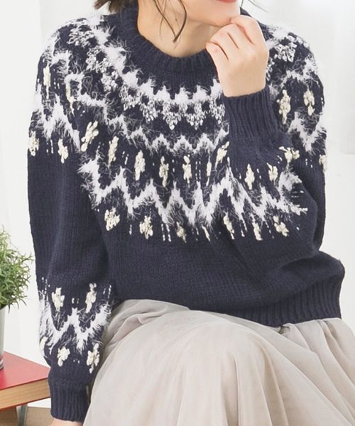 KOBE LETTUCE（コウベレタス）の「ノルディック柄ミドルゲージニットトップス＊レディース/セーター[C3452]神戸レタス（ニット/セーター・レディース・アイボリー/ベージュ/ネイビー・FREE）」の9枚目の写真