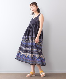 インド綿マキシワンピース 袖無し 総柄