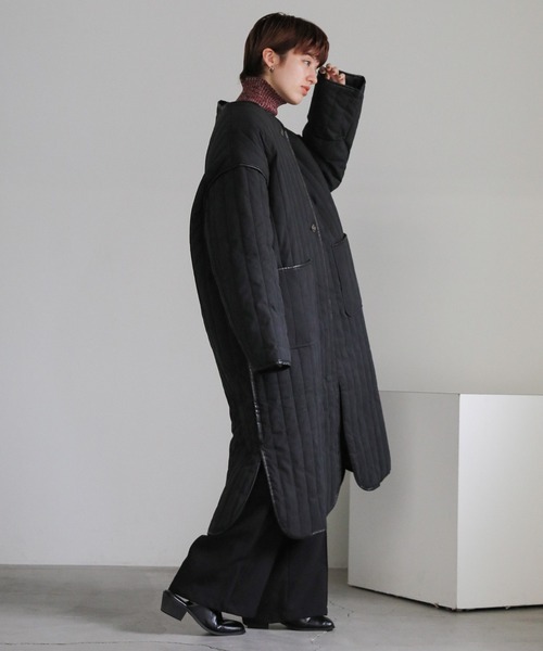 セール】キルティングパイピングロングコート（ノーカラーコート