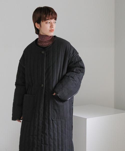 セール】キルティングパイピングロングコート（ノーカラーコート