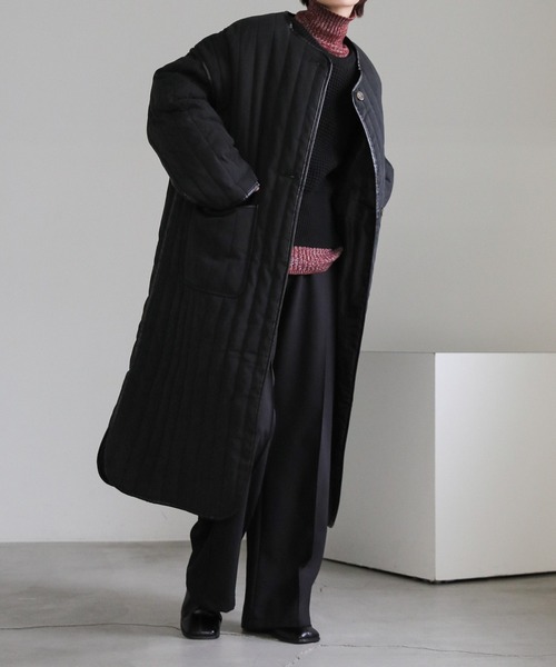 セール】キルティングパイピングロングコート（ノーカラーコート