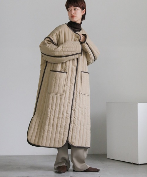 select MOCA（セレクトモカ）の「キルティングパイピングロングコート（ノーカラーコート・レディース・ブラック/アイボリー/モカ・FREE）」の8枚目の写真