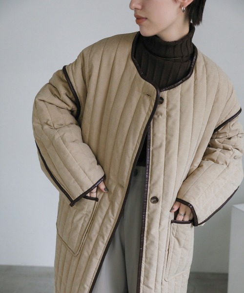 select MOCA（セレクトモカ）の「キルティングパイピングロングコート（ノーカラーコート・レディース・ブラック/アイボリー/モカ・FREE）」の15枚目の写真