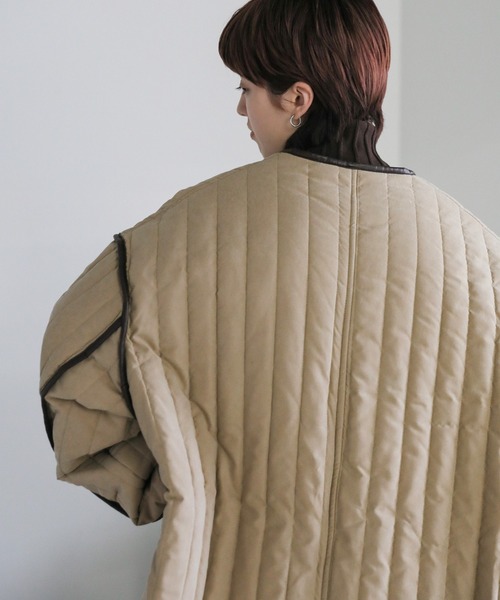 セール】キルティングパイピングロングコート（ノーカラーコート