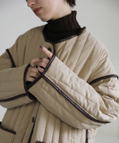 セール】キルティングパイピングロングコート（ノーカラーコート