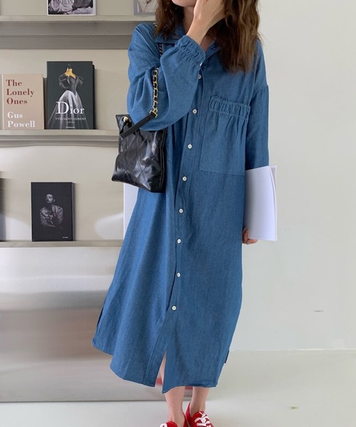Jewelobe(ジュエローブ)の「ギャザーポケットデニムシャツワンピース(ワンピース・レディース・インディゴブルー/ブルー・FREE)」の15枚目の写真