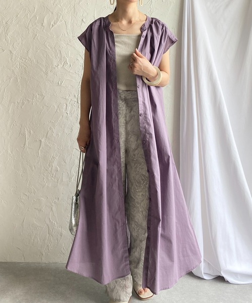 She's Closet(シーズクローゼット)の「スタンドカラーAラインフレアフレンチスリーブロングシャツワンピース(シャツワンピース・レディース・オフホワイト/グレー×サックスブルー/ダークパープル/ダークラベンダー・FREE)」の3枚目の写真