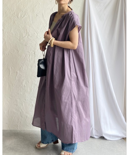 She's Closet(シーズクローゼット)の「スタンドカラーAラインフレアフレンチスリーブロングシャツワンピース(シャツワンピース・レディース・オフホワイト/グレー×サックスブルー/ダークパープル/ダークラベンダー・FREE)」の7枚目の写真