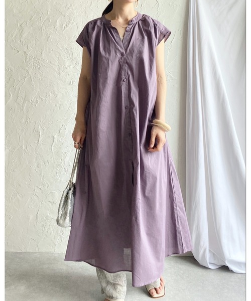She's Closet(シーズクローゼット)の「スタンドカラーAラインフレアフレンチスリーブロングシャツワンピース(シャツワンピース・レディース・オフホワイト/グレー×サックスブルー/ダークパープル/ダークラベンダー・FREE)」の9枚目の写真