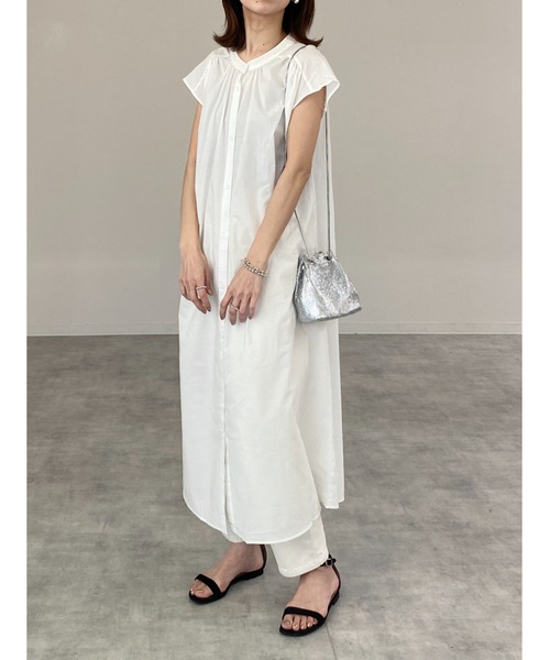 She's Closet(シーズクローゼット)の「スタンドカラーAラインフレアフレンチスリーブロングシャツワンピース(シャツワンピース・レディース・オフホワイト/グレー×サックスブルー/ダークパープル/ダークラベンダー・FREE)」の10枚目の写真