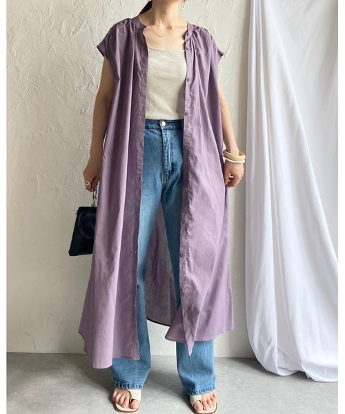 She's Closet(シーズクローゼット)の「スタンドカラーAラインフレアフレンチスリーブロングシャツワンピース(シャツワンピース・レディース・オフホワイト/グレー×サックスブルー/ダークパープル/ダークラベンダー・FREE)」の16枚目の写真